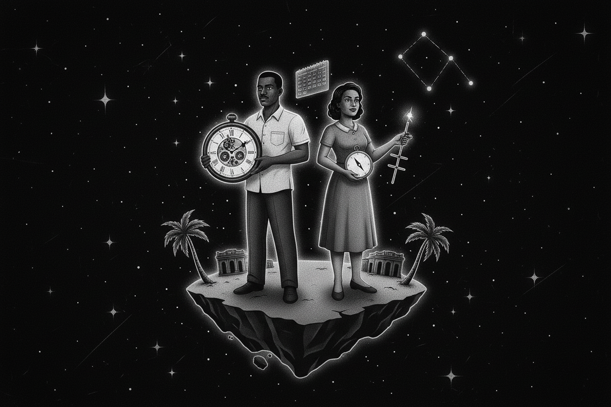 Ilustración de Noir Cósmico representando Productividad a la Cubana: Domina tu Tiempo, Vence la Conectividad y Alcanza el Éxito Dondequiera que Estés