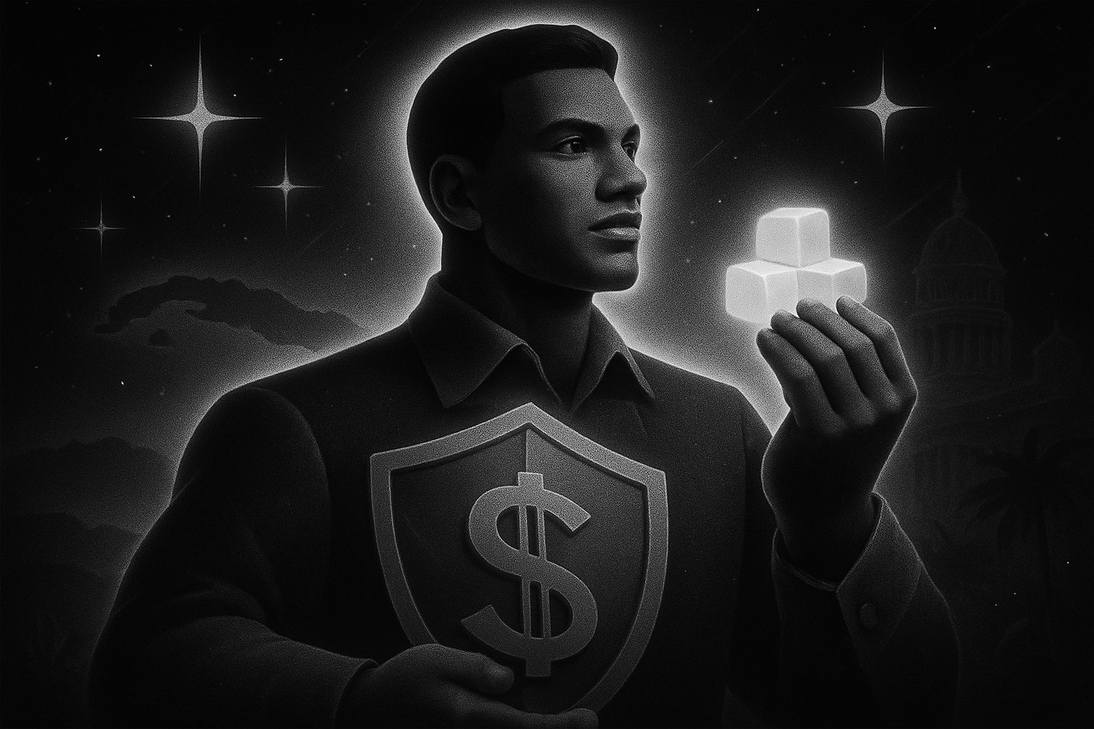 Ilustración noir cósmica en blanco y negro representando Finanzas Personales para Emprendedores Cubanos: Ahorro Inteligente, Inversión Segura y Gestión del Riesgo en Cuba