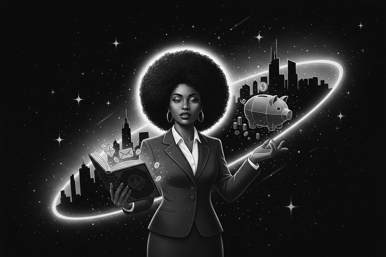 Ilustración de Noir Cósmico representando De la Nostalgia al Futuro: Planificación Financiera para Cubanos Triunfando en el Exterior