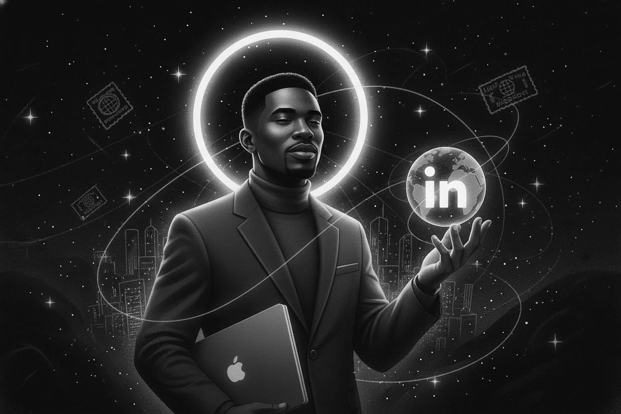 Ilustración de Noir Cósmico representando LinkedIn: Tu Pasaporte al Éxito Profesional en el Extranjero (Guía para Cubanos)