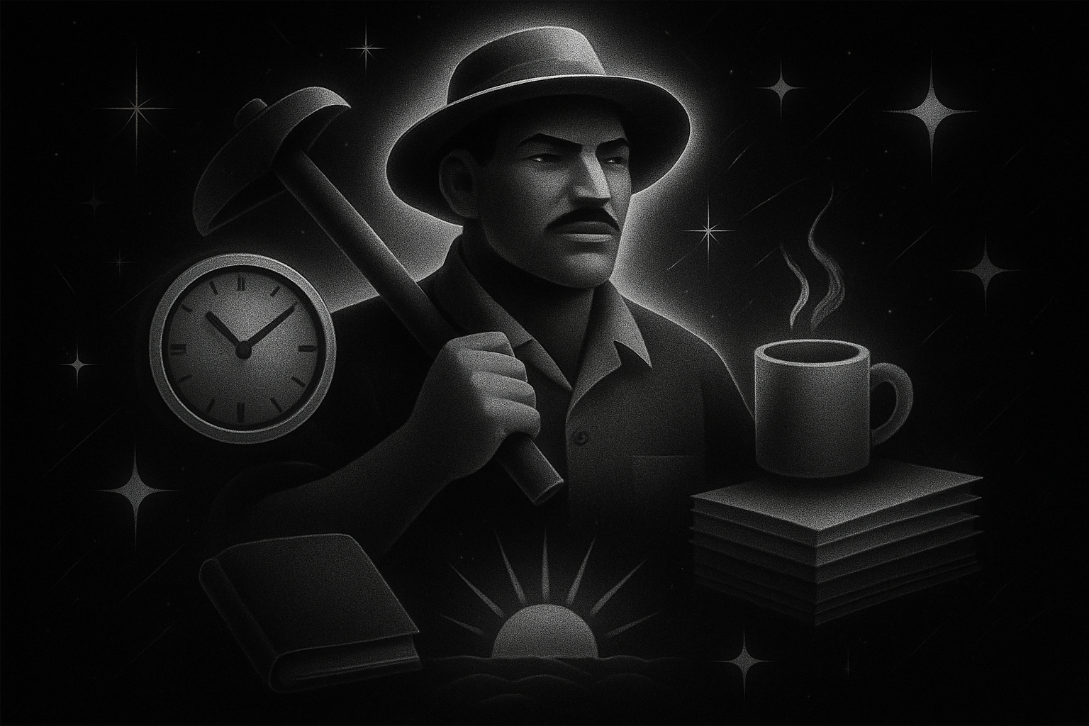 Ilustración noir cósmica en blanco y negro representando Rompe la Cadena: 5 Hábitos Diarios para Cubanos Productivos y Enfocados