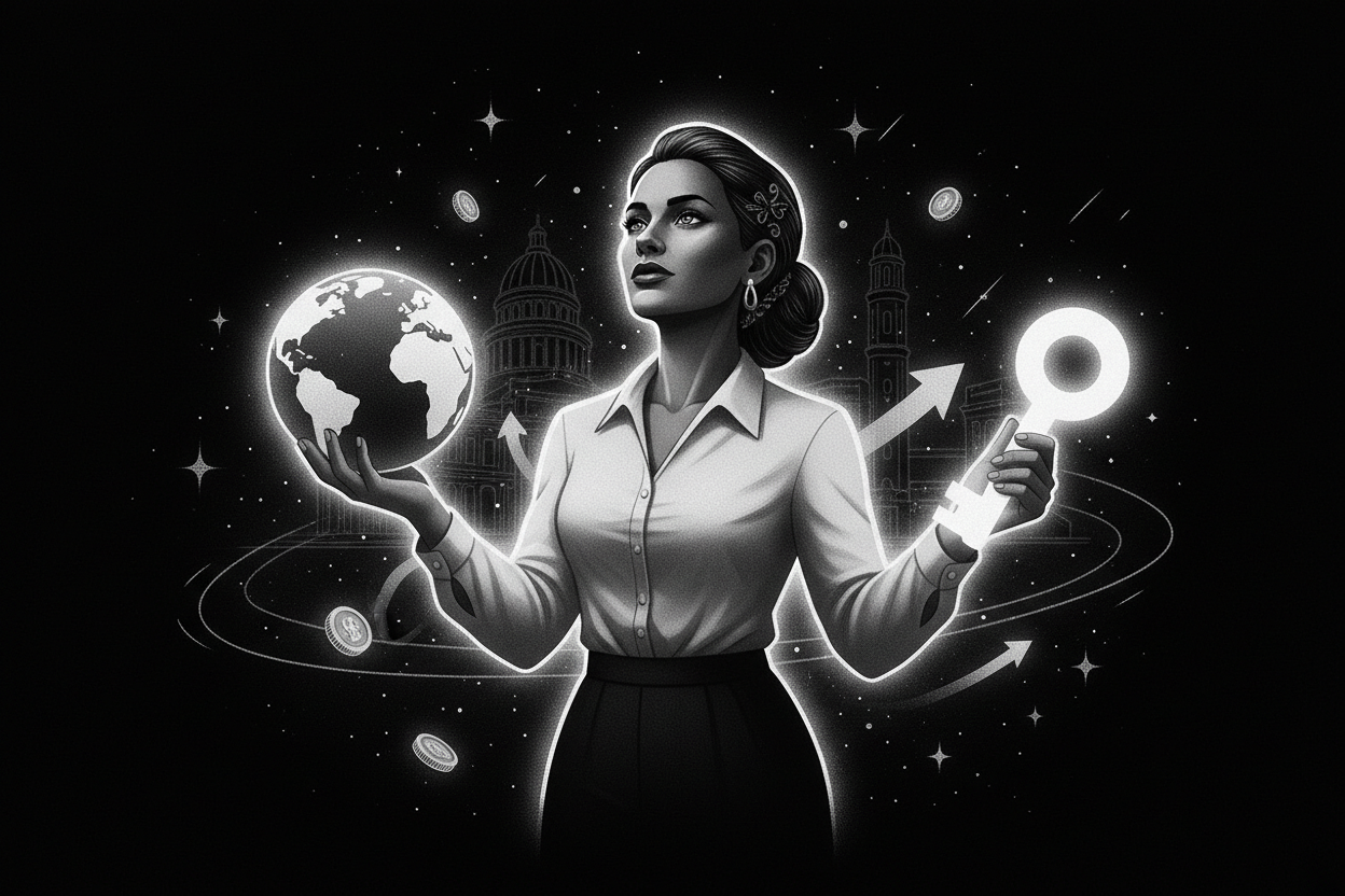 Ilustración de Noir Cósmico representando ¡Construye tu Futuro Ahora! Finanzas Personales para Cubanos en el Exterior