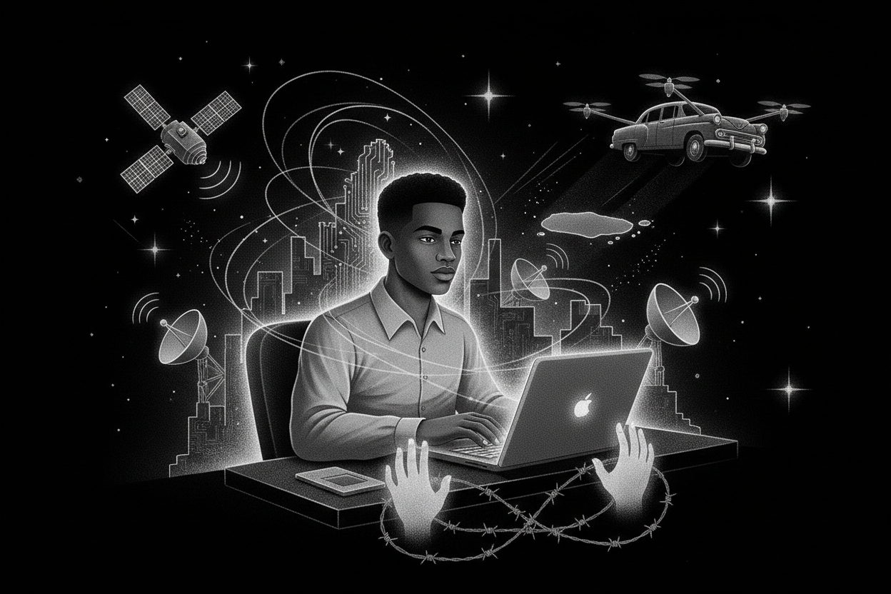 Ilustración de Noir Cósmico representando Conexión Imparable: Emprendimiento Digital Cubano Derribando Barreras en la Isla